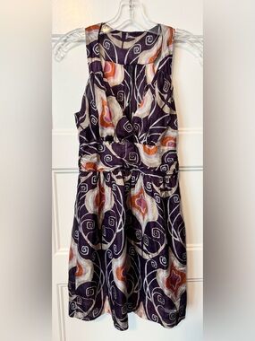 Naf Naf 100% Silk Abstract Print Sleeveless Dress Size 36 Purple Fit and Flare